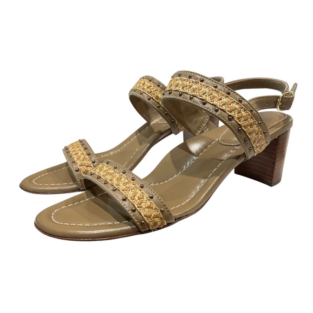 Eric Javits NY Maribel Taupe Leather Studded Heeled Sandals  US 8.5 N